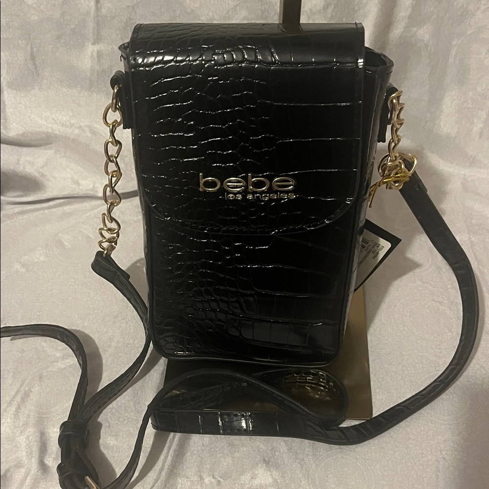Bebe New With Tags Black Croc-Texture Crossbody Bag with Gold Chain